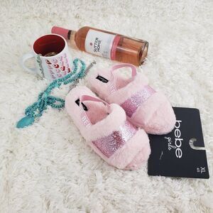 BEBE Plush Pink Glitter Logo Flip Flop Sandals 4/5